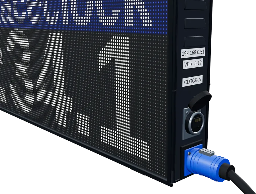The side of the case with the blue twist-lock power connector and the Ethernet port