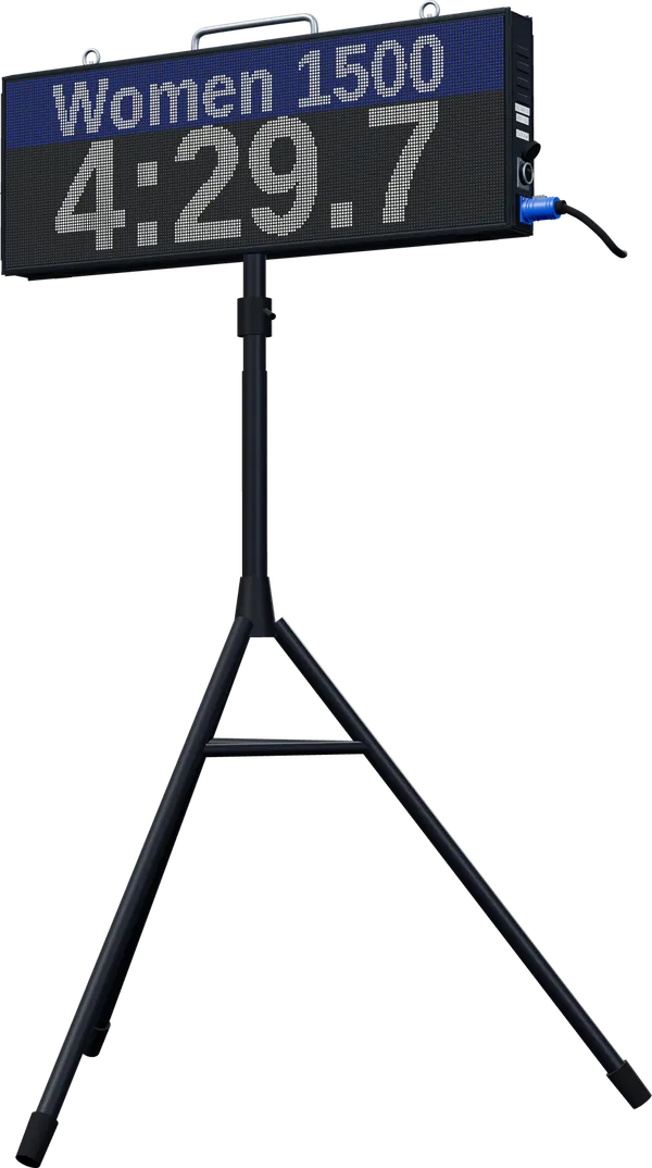 The race clock on its speaker stand, showing Women 1500 and 4:29.7